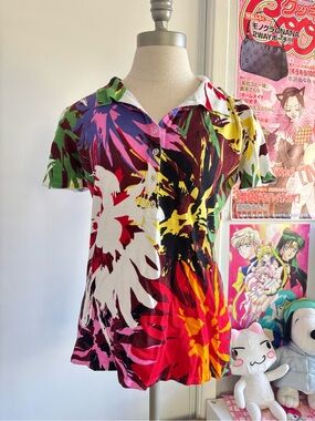 Vintage Multicolor Floral Short-Sleeve Polo Top - Women